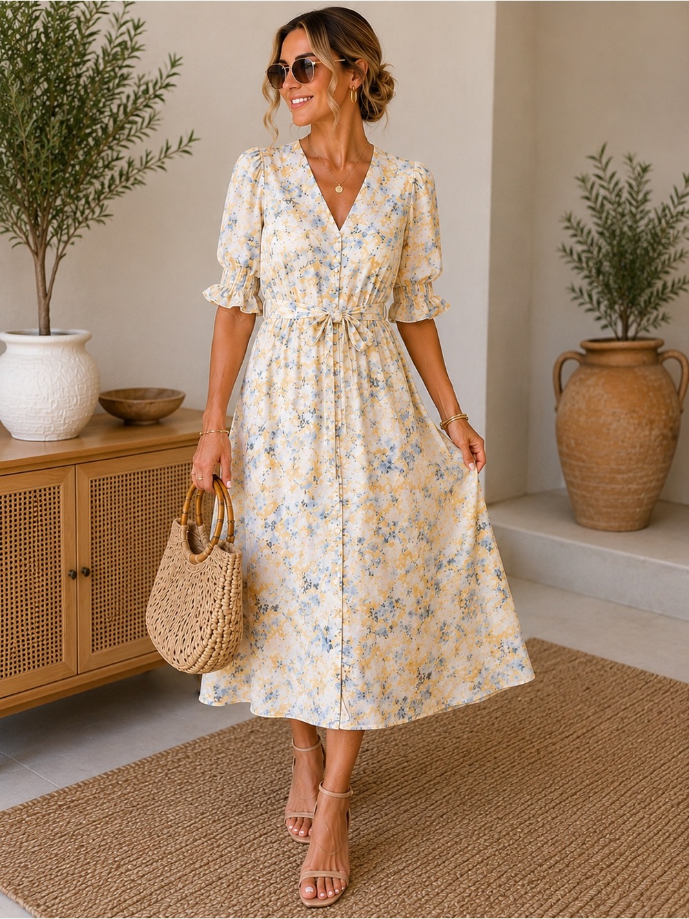 Simple Retro Floral Midi Dress Size Large Cottagecore Puff Sleeve Belted